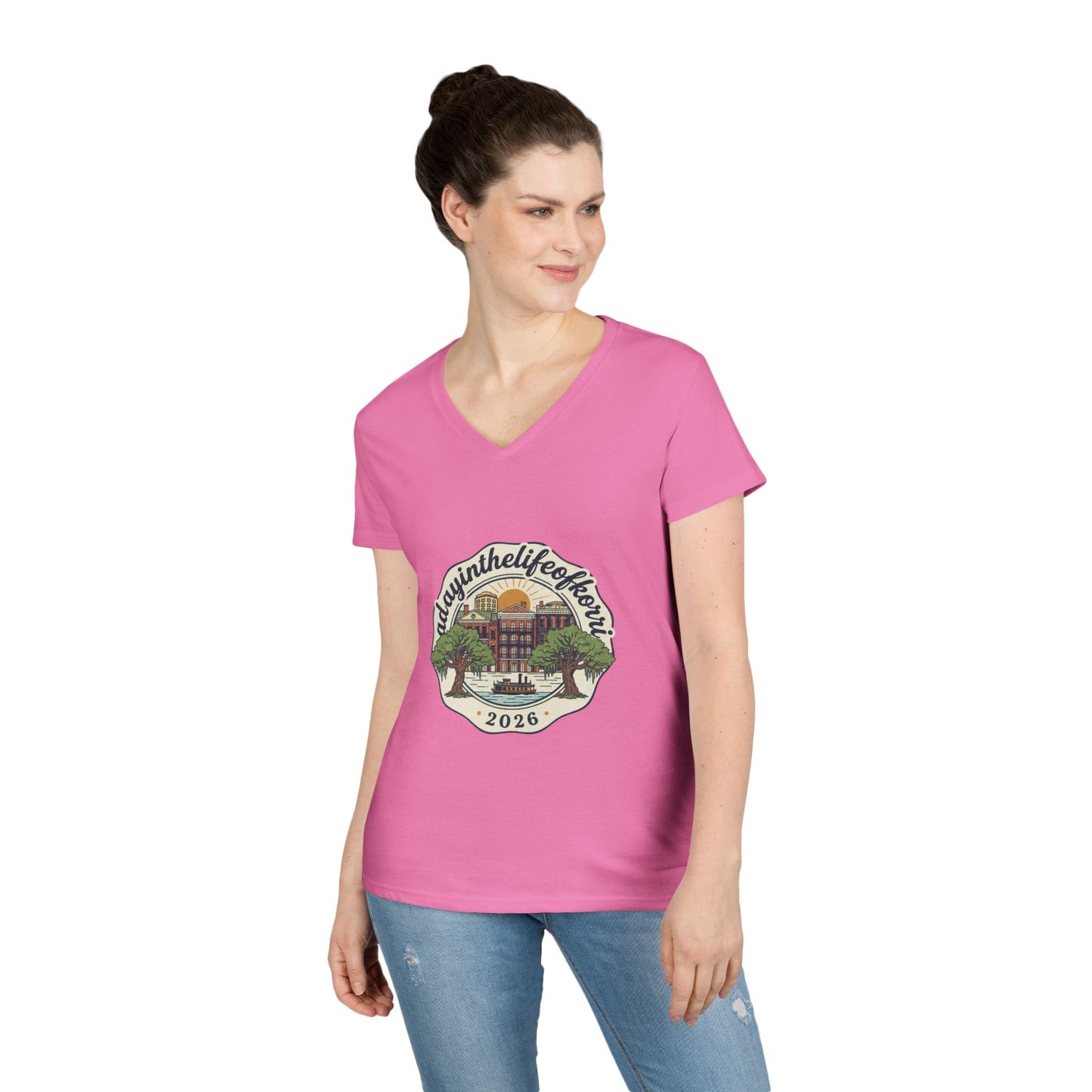 Ladies V-Neck T-Shirt — “RdgnintheLifeboat” 2026 Retro Campus Badge