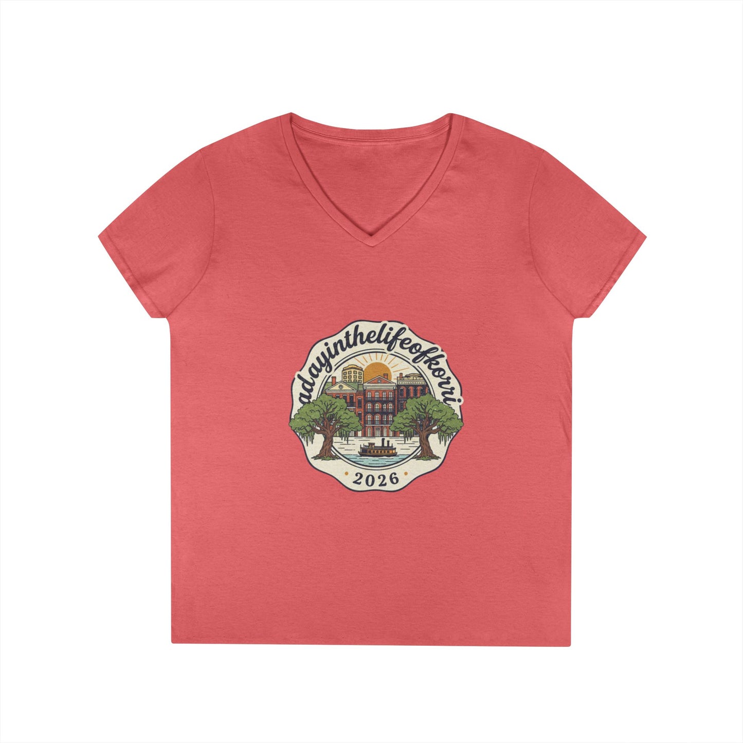 Ladies V-Neck T-Shirt — “RdgnintheLifeboat” 2026 Retro Campus Badge