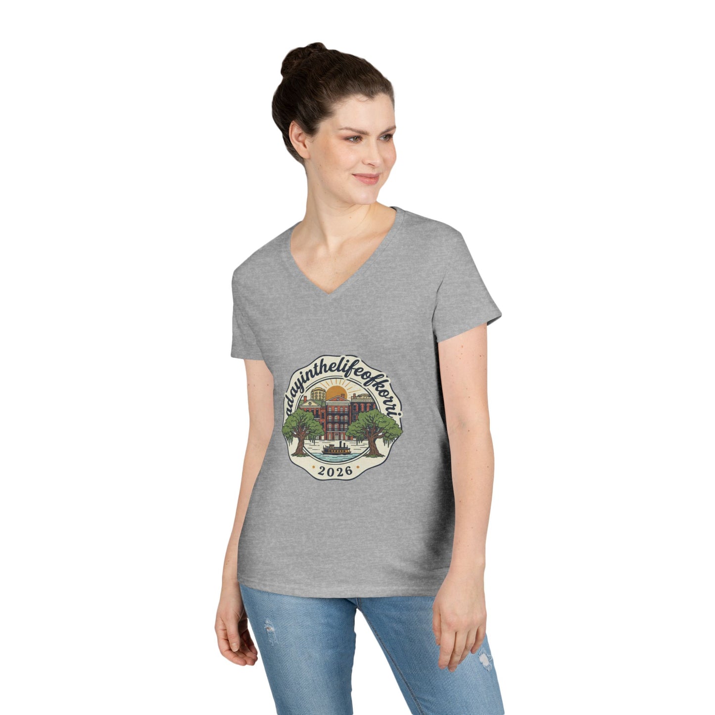 Ladies V-Neck T-Shirt — “RdgnintheLifeboat” 2026 Retro Campus Badge