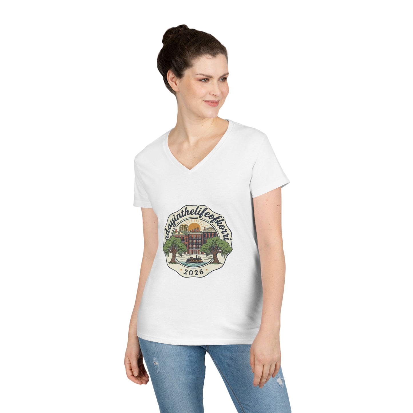 Ladies V-Neck T-Shirt — “RdgnintheLifeboat” 2026 Retro Campus Badge