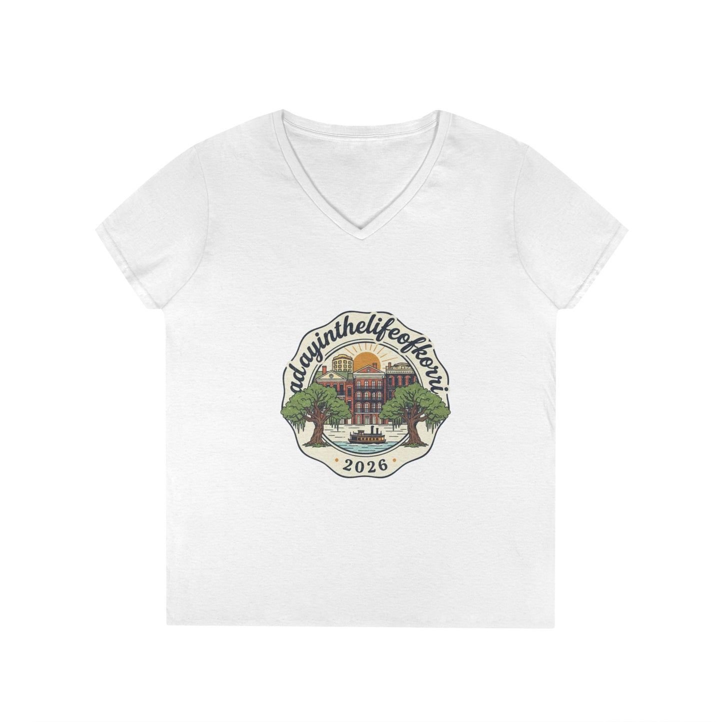 Ladies V-Neck T-Shirt — “RdgnintheLifeboat” 2026 Retro Campus Badge