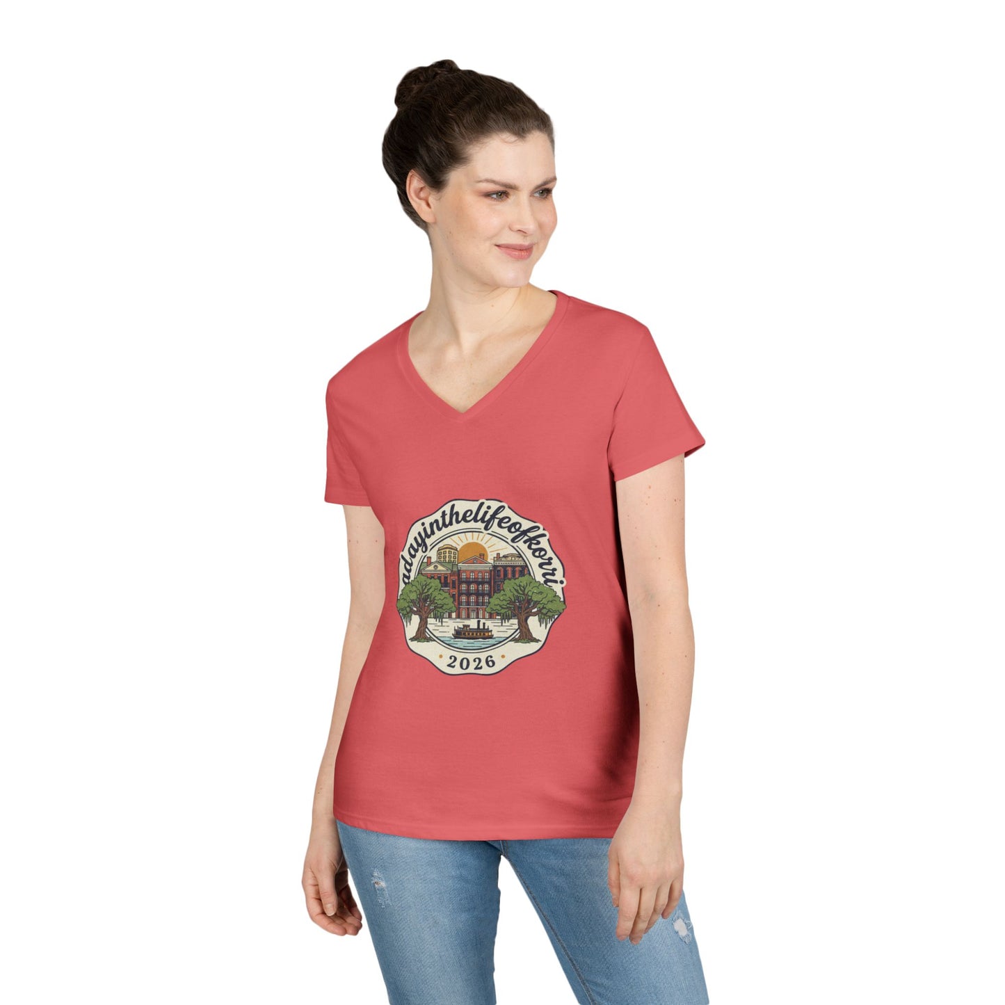 Ladies V-Neck T-Shirt — “RdgnintheLifeboat” 2026 Retro Campus Badge