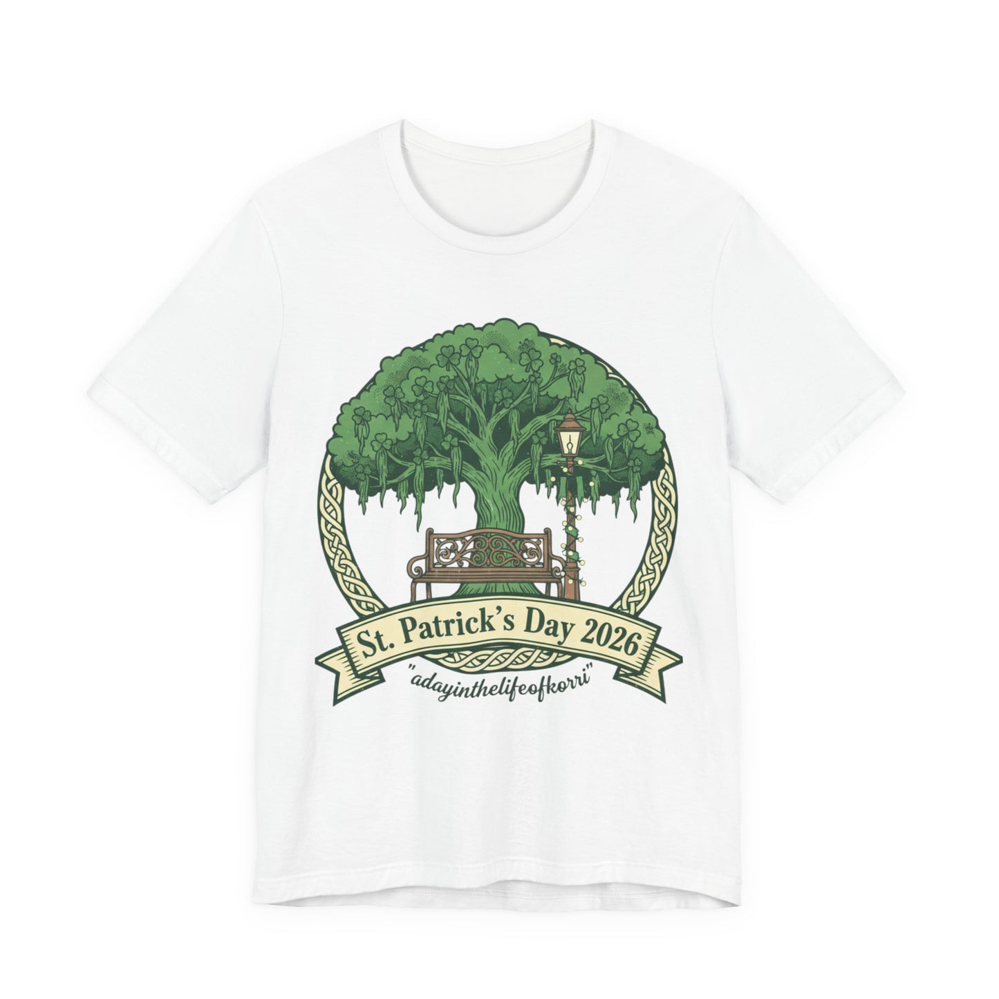 St. Patrick's Day 2026 Tee — Celtic Tree Bench Design