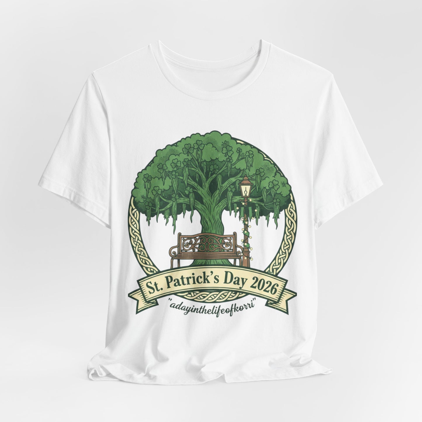 St. Patrick's Day 2026 Tee — Celtic Tree Bench Design