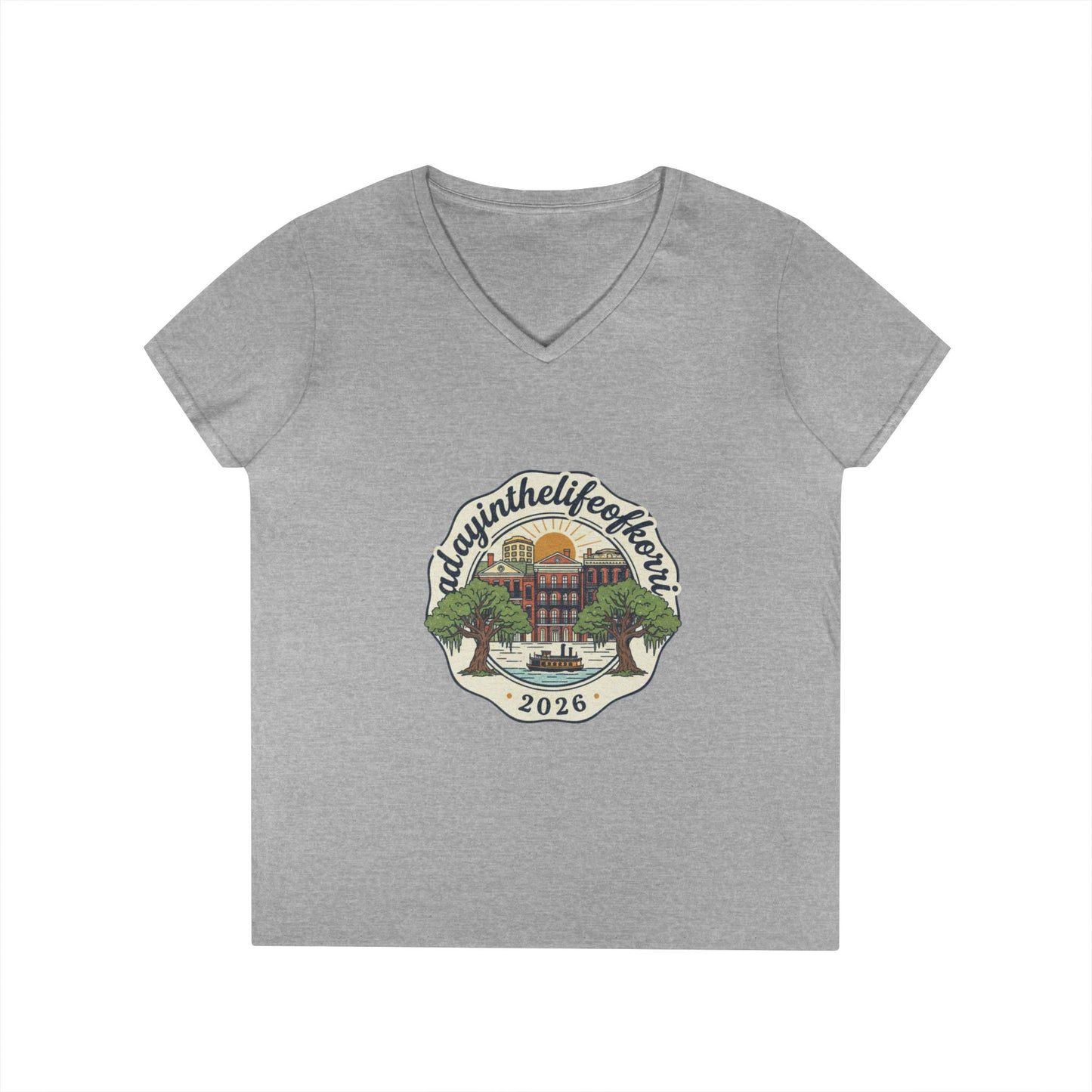 Ladies V-Neck T-Shirt — “RdgnintheLifeboat” 2026 Retro Campus Badge