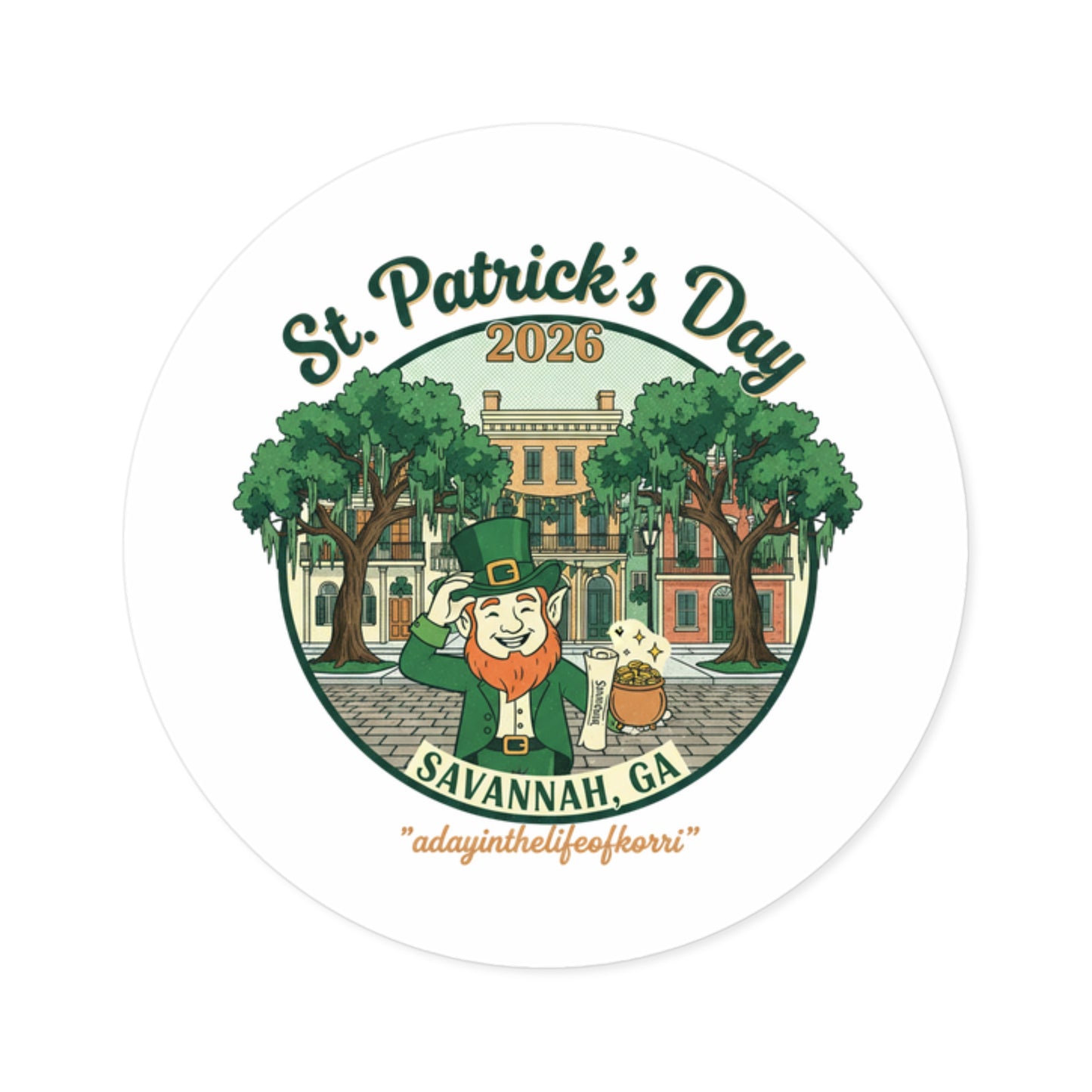 St. Patrick's Day Savannah 2026 Round Sticker — Leprechaun & Historic District Souvenir