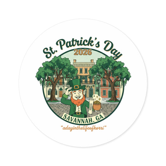 St. Patrick's Day Savannah 2026 Round Sticker — Leprechaun & Historic District Souvenir