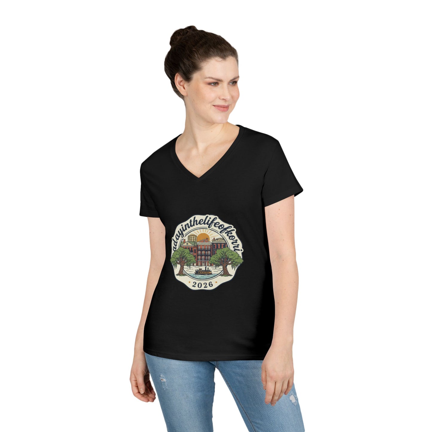 Ladies V-Neck T-Shirt — “RdgnintheLifeboat” 2026 Retro Campus Badge