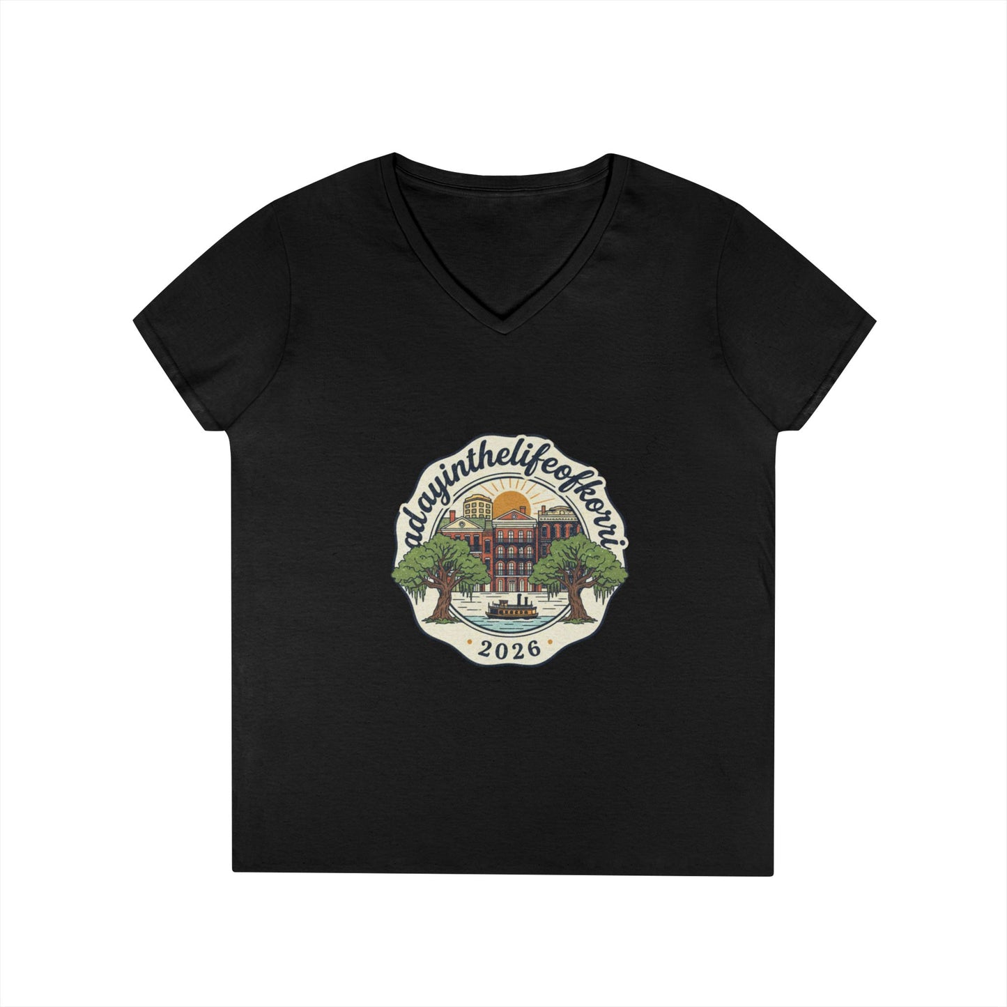 Ladies V-Neck T-Shirt — “RdgnintheLifeboat” 2026 Retro Campus Badge