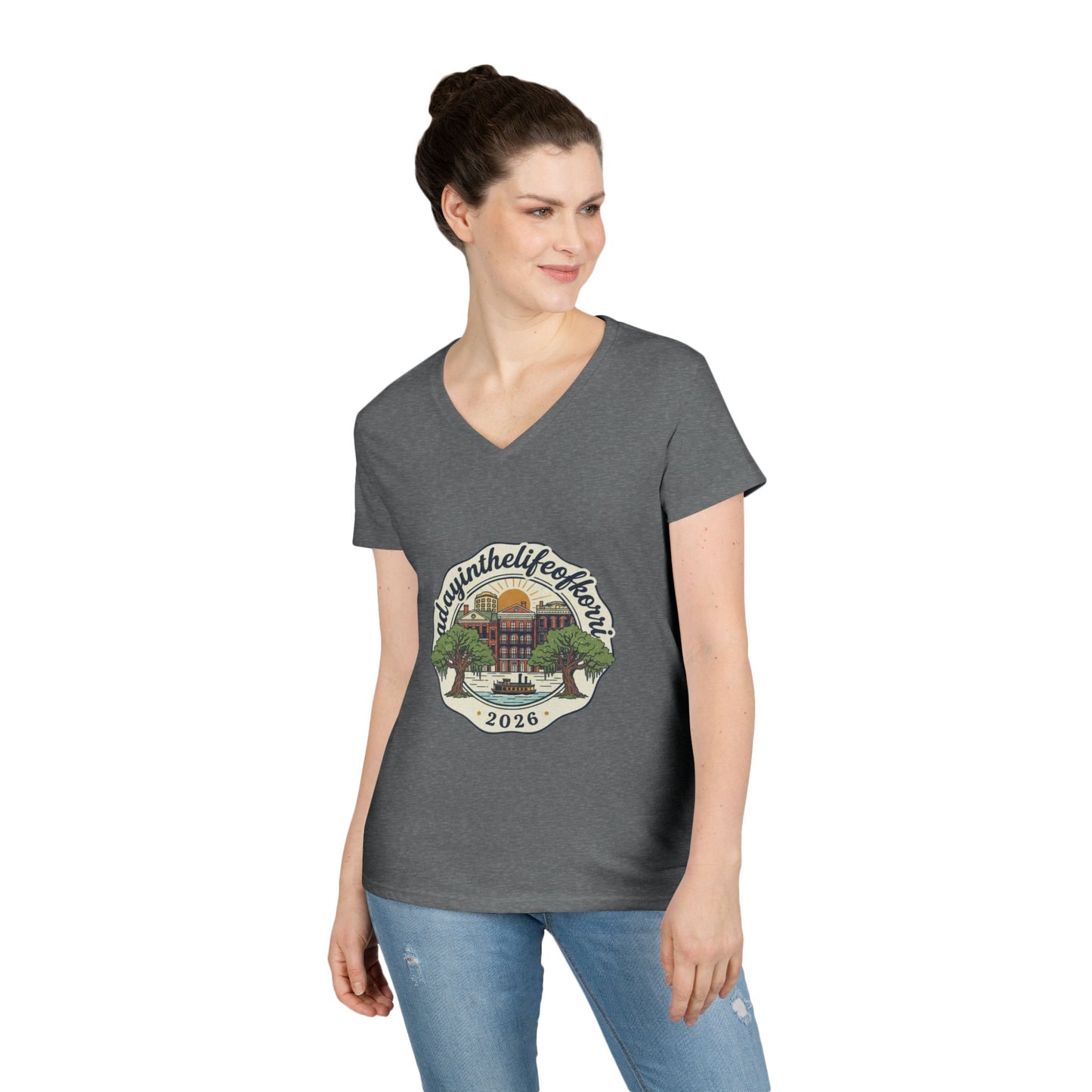 Ladies V-Neck T-Shirt — “RdgnintheLifeboat” 2026 Retro Campus Badge